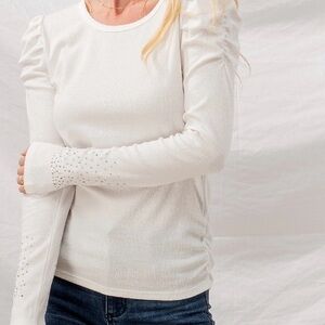 Elegant White Long Sleeve Top with ruched shoulders